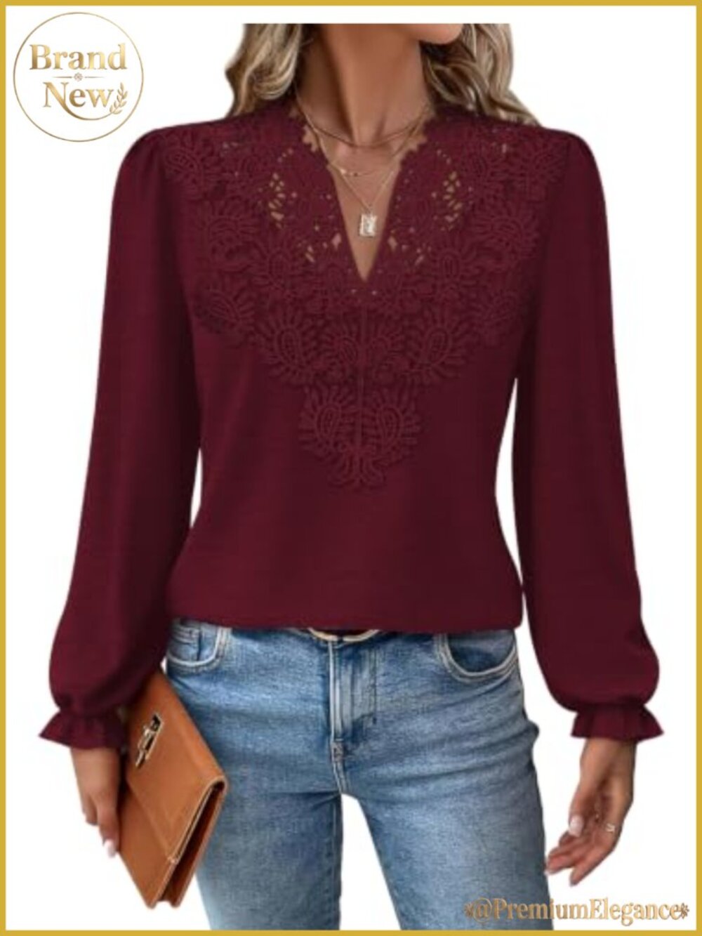 Womens Lace Long Sleeve V Neck Boho Blouse Relaxed Fit Top